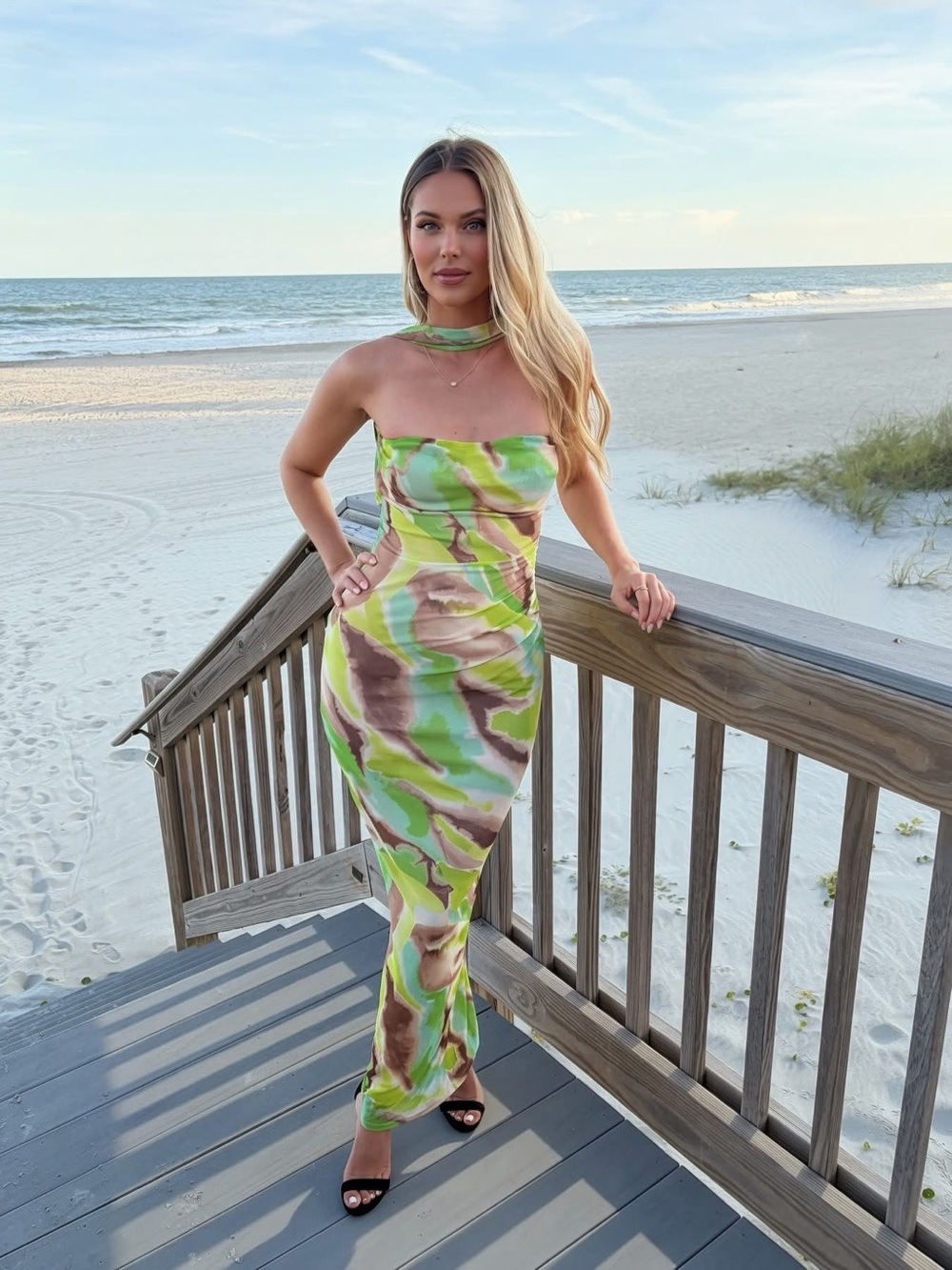 Lulu's Green & Brown Marble Strapless Maxi Dress with Neck Scarf